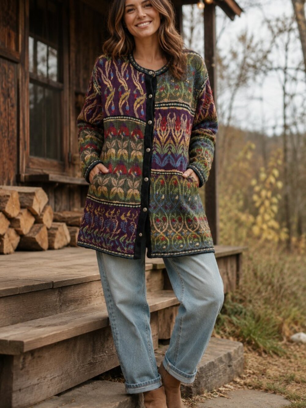 ICELANDIC DESIGN 100% Wool Nordic Cardigan Sweater Jacket Large Lined Boho